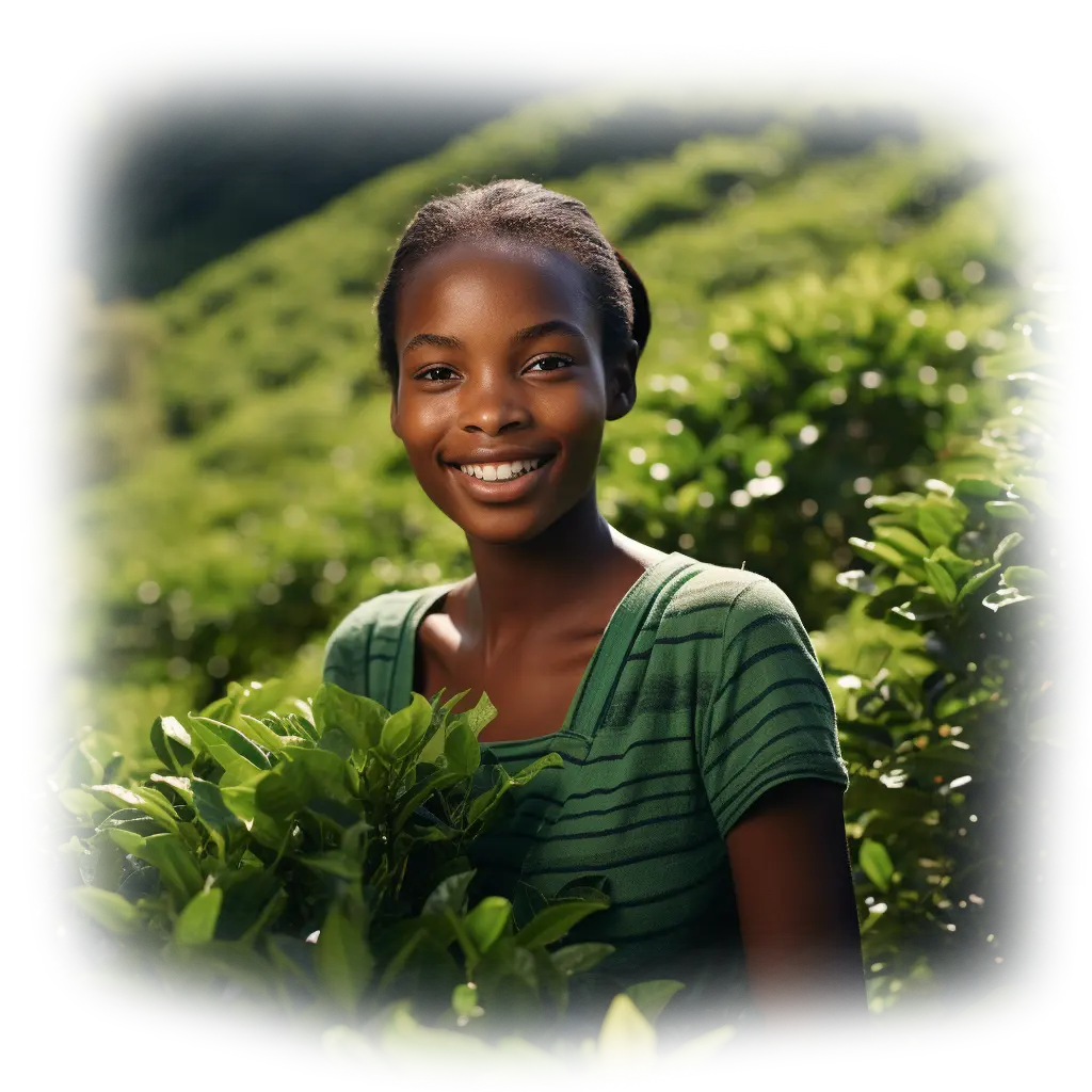 Chica sonriente disfrutando en una plantación de té verde