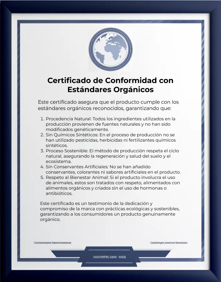 Certificado de cumplimiento con estándares orgánicos